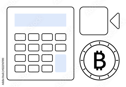 Digital calculator, Bitcoin coin, and video camera symbols emphasizing modern technology, finance, and digital communication. Ideal for tech tutorials, financial advice, cryptocurrency education