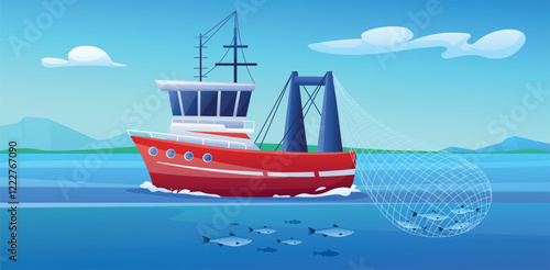 Fishing in ocean. Ship with full net of fish in sea. Commercial catching, industry boat or vessel in water. Underwater world, nature nowaday vector landscape