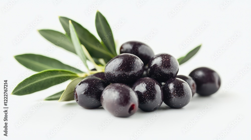 A cluster of black olives with green leaves on a white background. A cluster of black olives with green leaves on a white background.