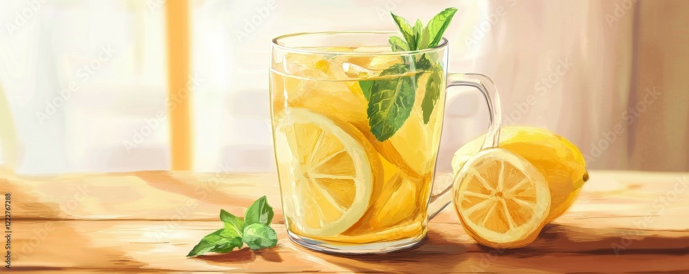 Fototapeta premium Fresh lemon ginger tea with mint and lemon slices in a glass cup on a wooden table