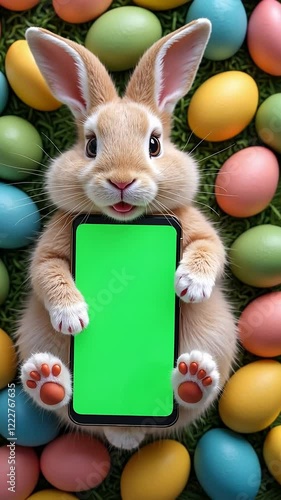 Wallpaper Mural Easter bunny portrait holding chroma key phone in paws with eggs, phone with green screen. vertical mock up for advertising, Rabbit using showing smartphone, online shopping, care, pet goods Torontodigital.ca