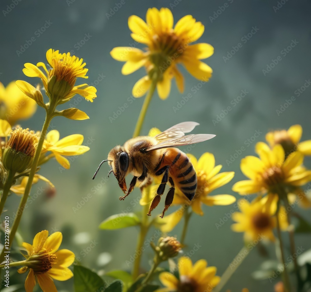Golden honey bee collecting nectar from a bright yellow flower, nature photography, golden bee, insects in flowers Golden honey bee collecting nectar from a bright yellow flower, nature photography, golden bee, insects in flowers