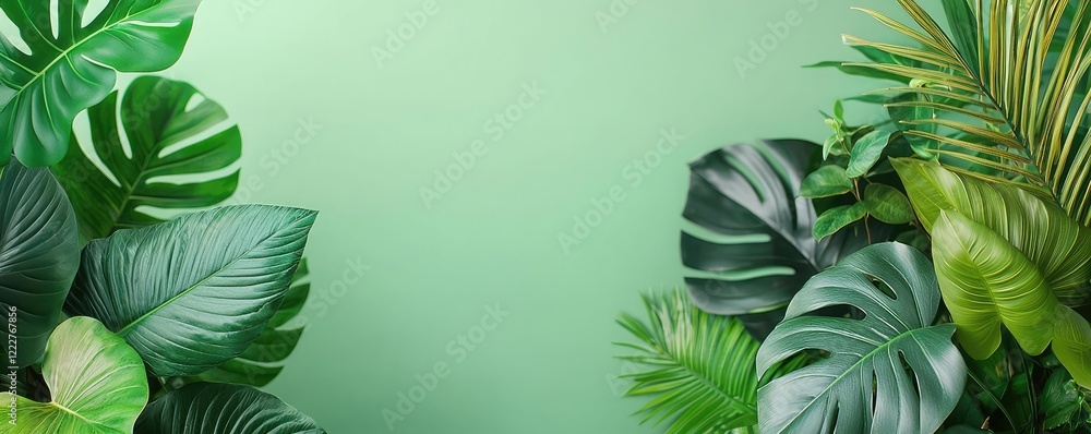 Fototapeta premium Indoor gardening idea. Vibrant green foliage framing a soft, soothing background for projects.
