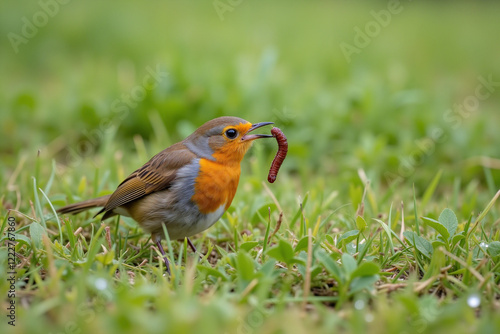 Robin pulling worm from dewy meadow grass