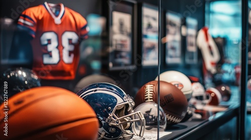 Fototapeta Naklejka Na Ścianę i Meble -  A display of collectible sports memorabilia, including signed balls and jerseys