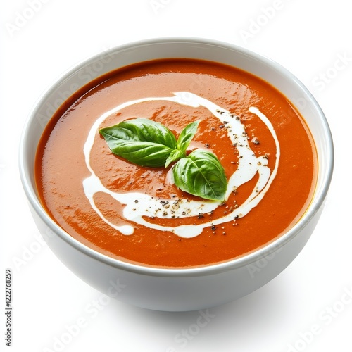 A bowl of creamy tomato basil soup with a swirl of cream, isolated white background, modern art style