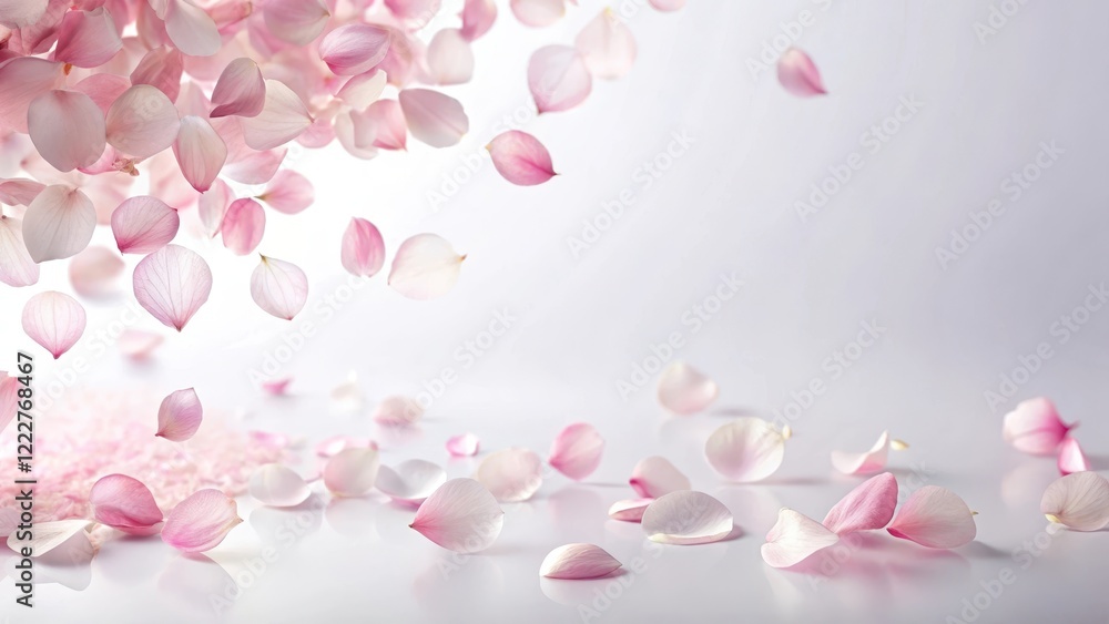 Soft pink sakura petals gently floating downwards on a serene white background, creating a sense of gentle fall and tranquility, nature scenery, gentle fall Soft pink sakura petals gently floating downwards on a serene white background, creating a sense of gentle fall and tranquility, nature scenery, gentle fall