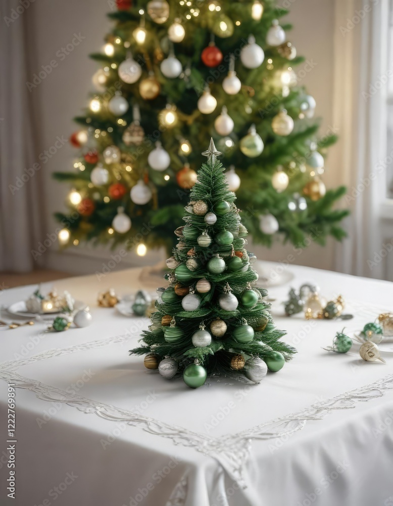 Green Christmas tree decorated with ornaments on a white snowy tablecloth, tablecloth, white Green Christmas tree decorated with ornaments on a white snowy tablecloth, tablecloth, white
