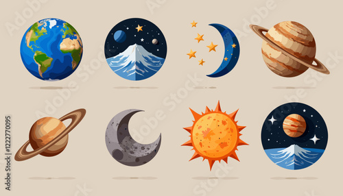 Illustration of planets and celestial bodies in vibrant colors