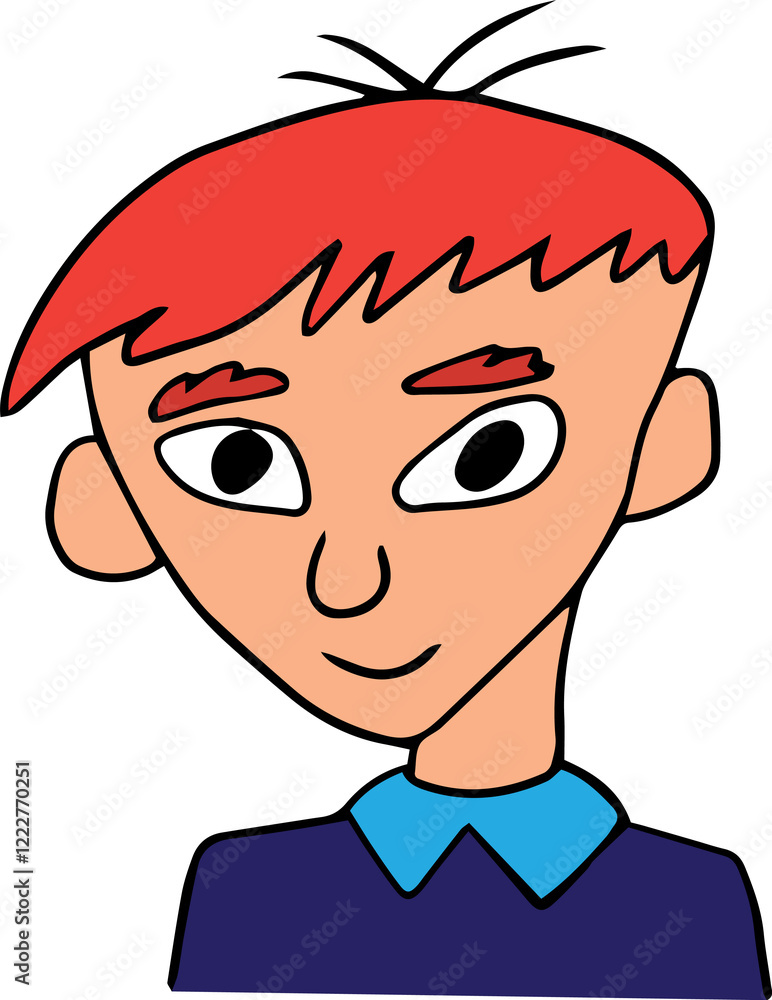 smiling young guy with thick eyebrows and triangle shaped head with red hair in blue shirt looking at camera smiling young guy with thick eyebrows and triangle shaped head with red hair in blue shirt looking at camera