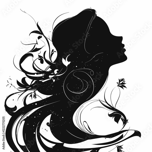 Silhouette of a woman surrounded by floral designs