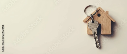 A wooden house keychain with a key, symbolizing home ownership or real estate.