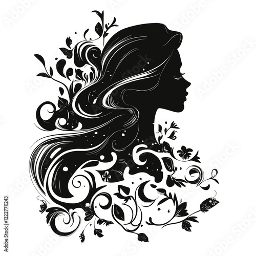 Silhouette of a woman with flowing hair and floral designs
