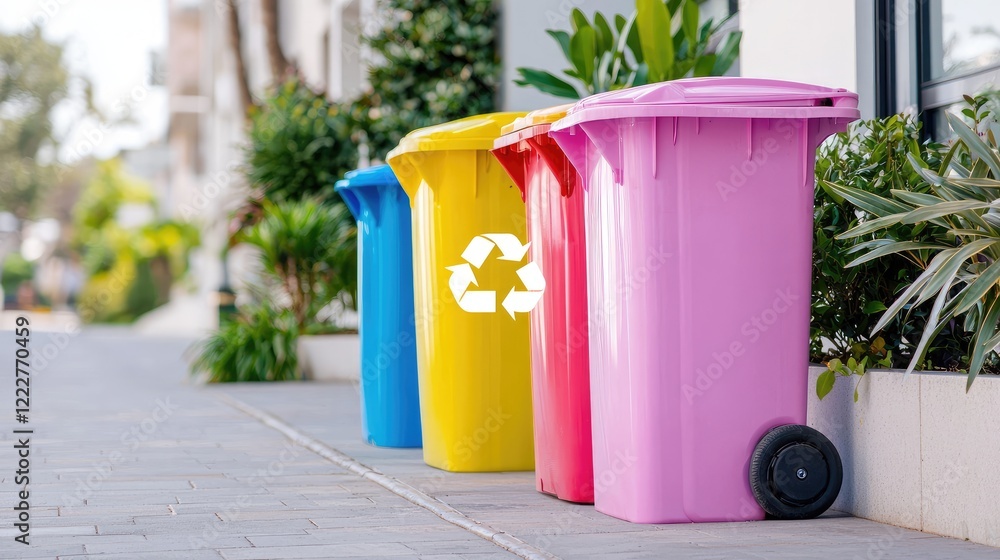 Colorful recycling bins on city street, promoting waste sorting Colorful recycling bins on city street, promoting waste sorting