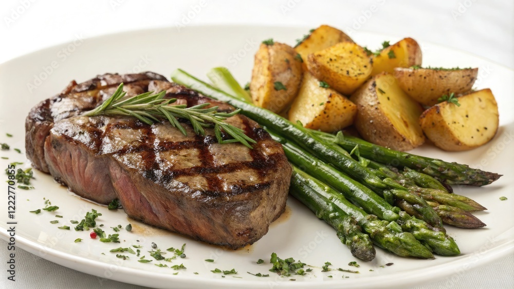 Grilled steak served with steamed asparagus and roasted potatoes, asparagus, meal, steak, potatoes Grilled steak served with steamed asparagus and roasted potatoes, asparagus, meal, steak, potatoes