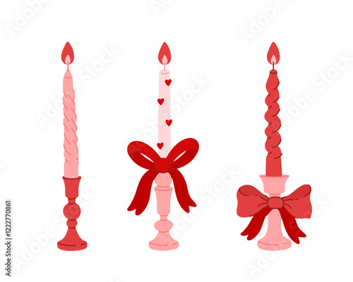 Set of vintage candle holder. Candlestick collection decorated with ribbon bows. Coquette aesthetic. Festive paraffin or wax candles. Whimsical candles vector illustration. Flat trendy abstract style