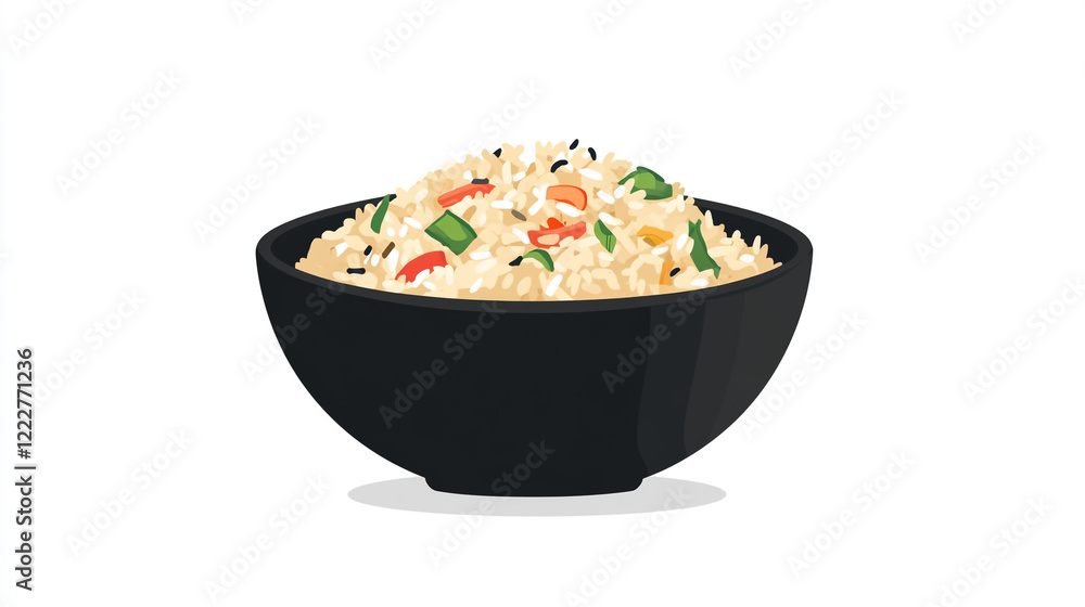 A black bowl filled with rice on a white background, featuring a clean and simple presentation A black bowl filled with rice on a white background, featuring a clean and simple presentation