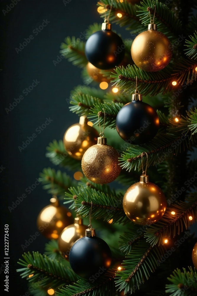 Black and gold ornaments fill branches of decorated Christmas tree, festive, sparkling, tree lights Black and gold ornaments fill branches of decorated Christmas tree, festive, sparkling, tree lights