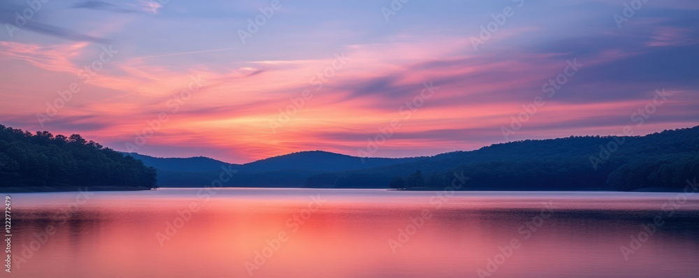 Fototapeta premium Breathtaking pink sunset over tranquil lake with silhouetted hills and vibrant sky