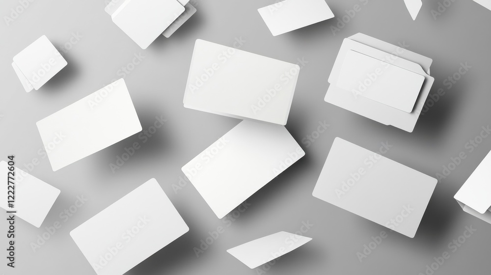 Falling paper cards. White business card, 3d mock up empty gift vouchers. Blank flying corporate identity banners, realistic sheets vector templates illustration Falling paper cards. White business card, 3d mock up empty gift vouchers. Blank flying corporate identity banners, realistic sheets vector templates illustration