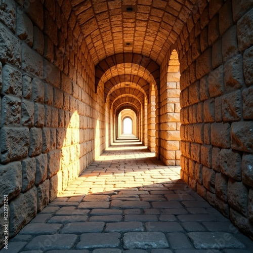 Corridors of weathered stone illuminated by soft golden light, stone, glowing, soft