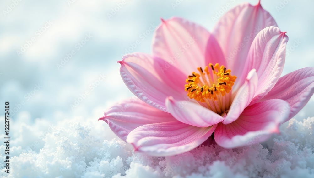 Delicate flower petals unfurl on a snowy white background, flower, delicate Delicate flower petals unfurl on a snowy white background, flower, delicate