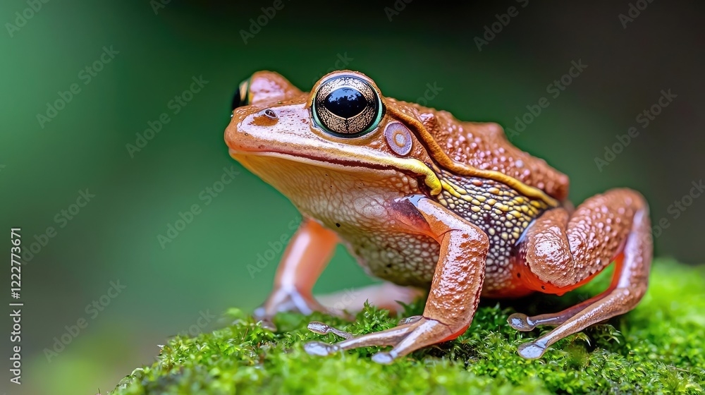 Rainforest frog on moss, vibrant green background; nature wildlife photography for websites Rainforest frog on moss, vibrant green background; nature wildlife photography for websites