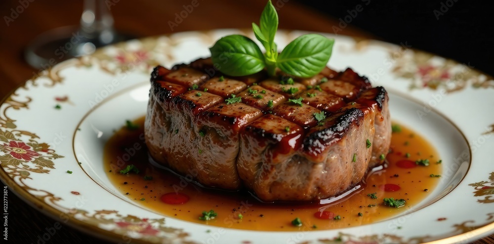 Exquisite steak resting on a ornate dinner plate, dinner plate, sophisticated, gourmet Exquisite steak resting on a ornate dinner plate, dinner plate, sophisticated, gourmet