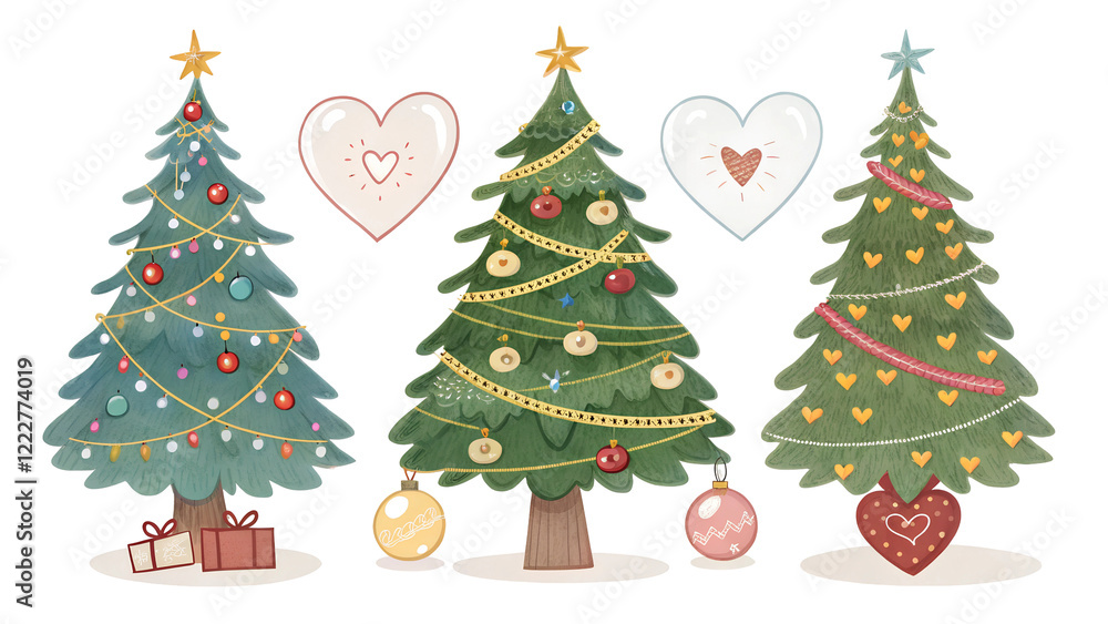 Naklejka premium Three set christmas tree and decorations isolated on white or transparent background 