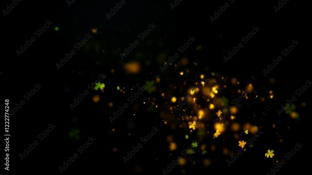 Gold and green clover particles motion on black. St Patrick's Day festive animation. Holiday background, with copy space for design, presentation, advertising. Gold and green clover particles motion on black. St Patrick's Day festive animation. Holiday background, with copy space for design, presentation, advertising.