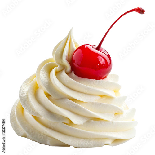 Swirled White Creamy Dessert Topping with Red Maraschino Cherry