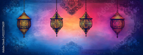 Festive lanterns hanging, colorful background, greeting card