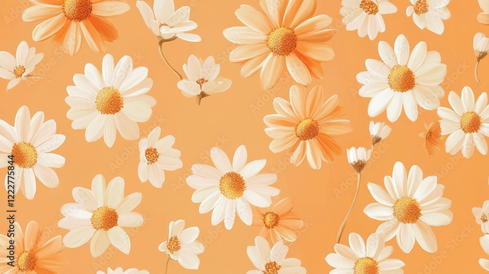 A pastel orange background adorned with evenly spaced daisy flowers for a warm and inviting look A pastel orange background adorned with evenly spaced daisy flowers for a warm and inviting look
