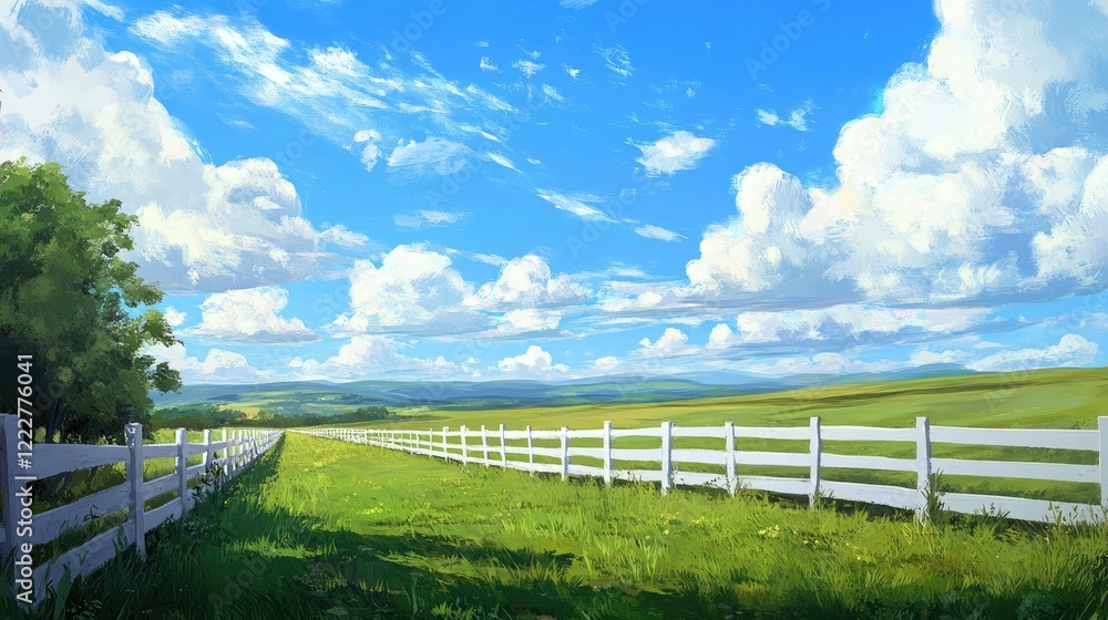 A peaceful rural landscape featuring green grass, a white fence, and an expansive blue sky in perfect balance A peaceful rural landscape featuring green grass, a white fence, and an expansive blue sky in perfect balance