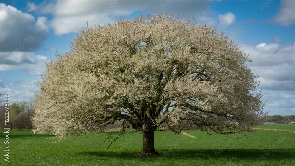 Majestic Prunus padus tree in full bloom with vibrant white flowers against a bright blue sky and fluffy clouds over a lush green field. Majestic Prunus padus tree in full bloom with vibrant white flowers against a bright blue sky and fluffy clouds over a lush green field.