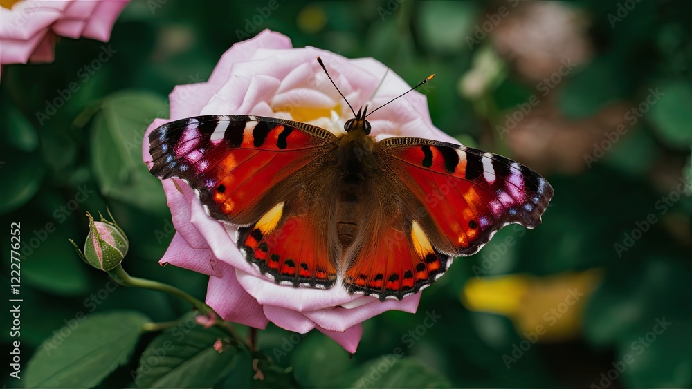 Vibrant butterfly with orange and black wings resting on soft pink rose petals amidst lush green foliage creating a beautiful nature scene. Vibrant butterfly with orange and black wings resting on soft pink rose petals amidst lush green foliage creating a beautiful nature scene.