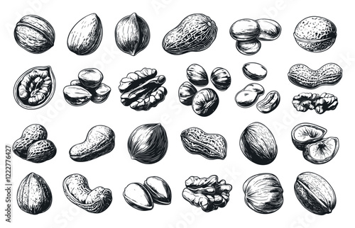 Nuts Hand Drawn Illustrations Set On White Background Unique Artwork Creative Design Nut Icons Healthy Snack Elements Organic Food Collection Artistic Visuals Modern Graphics