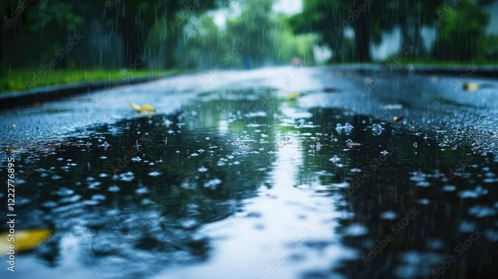Fototapeta premium A puddle during heavy rain, reflecting the outlines of trees above
