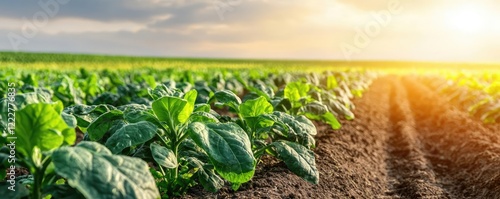 Small-scale farming gardening idea. A vibrant field of fresh spinach plants under a golden sunset sky, showcasing nature's beauty.