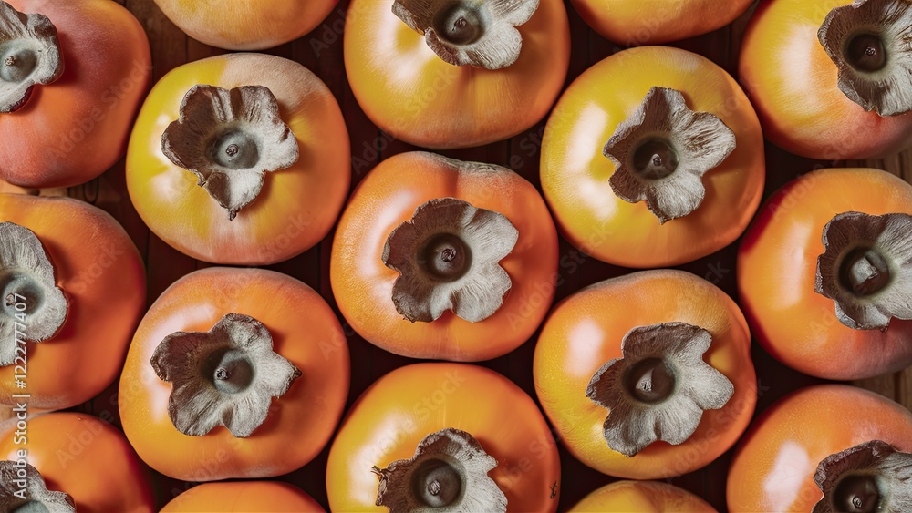 Ripe orange persimmons arranged in a close-up overhead view showcasing their brown calyxes against a wooden background. Ripe orange persimmons arranged in a close-up overhead view showcasing their brown calyxes against a wooden background.