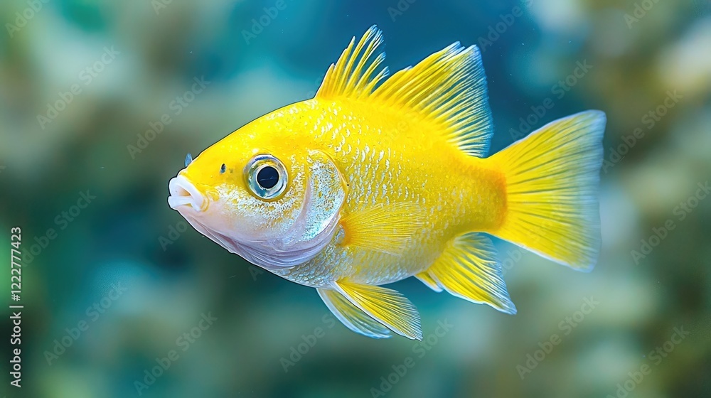 Yellow fish swimming in aquarium, blue background. Ideal for websites, pet stores Yellow fish swimming in aquarium, blue background. Ideal for websites, pet stores