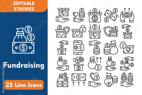 Fundraising Line Editable Icons set. Vector illustration in thin line modern style related icons:funding, give money, insert coin, money, benefits, security, lock, money saving, shield, 