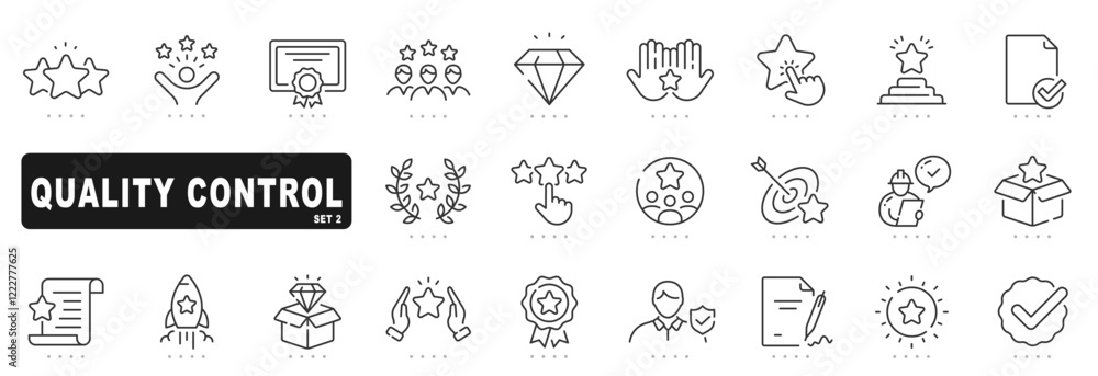 Set of quality control related line icons. Check, review, approve, checkmark, star etc. Set 2 Set of quality control related line icons. Check, review, approve, checkmark, star etc. Set 2