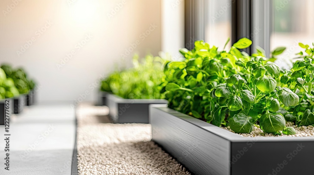 Fototapeta premium Indoor gardening idea. Vibrant green herbs growing indoors in modern planters with natural light.