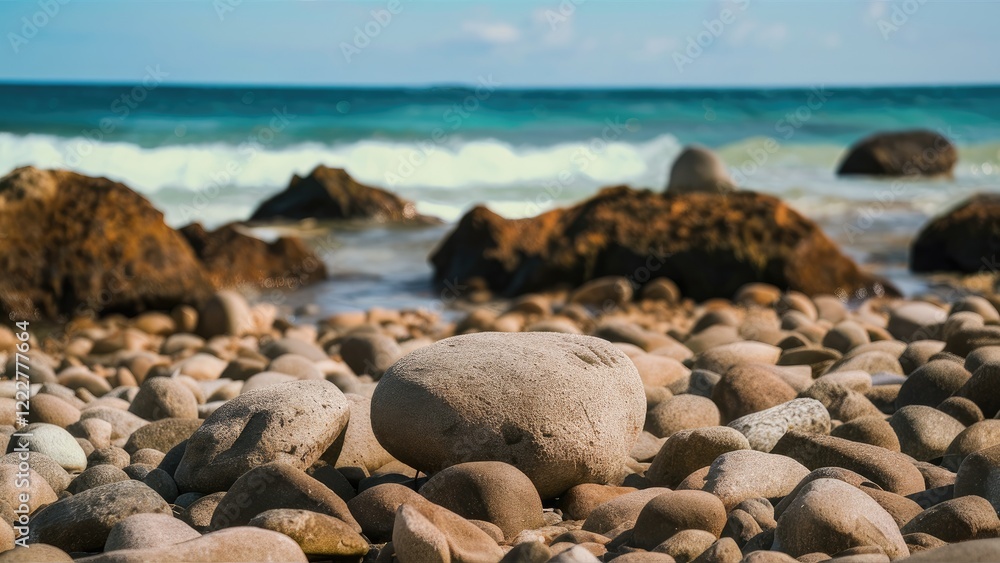 Seaside landscape featuring smooth beige pebbles in foreground with dark textured rocks and vibrant turquoise waves in background under blue sky Seaside landscape featuring smooth beige pebbles in foreground with dark textured rocks and vibrant turquoise waves in background under blue sky