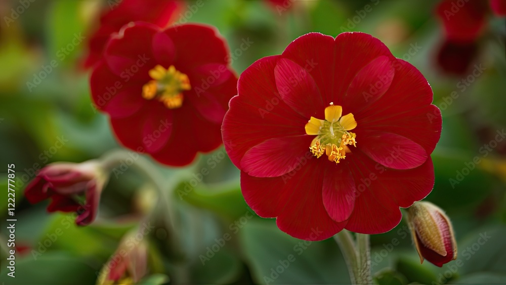Vibrant red flowers with yellow centers in a lush green background showcasing blooming petals and budding flowers prominently positioned. Vibrant red flowers with yellow centers in a lush green background showcasing blooming petals and budding flowers prominently positioned.