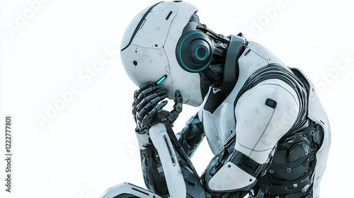 Side view of an AI robot in deep thought, set against a clean white background