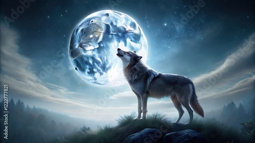 A lone wolf stands under a full moon, its fur glistening in the silver light as it lets out a haunting howl , Celestial Body, Nighttime Landscape photo