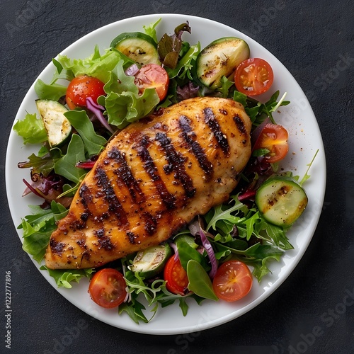 Grilled chicken salad plate, overhead shot, dark background, healthy meal