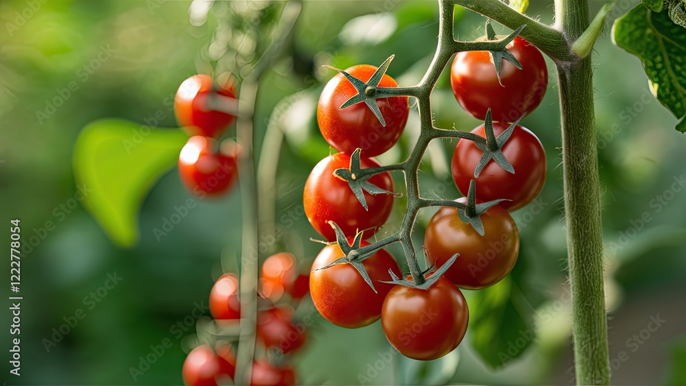 Closeup of ripe cherry tomatoes on green twigs with selective focus highlighting vibrant red colors against a blurred natural background Closeup of ripe cherry tomatoes on green twigs with selective focus highlighting vibrant red colors against a blurred natural background